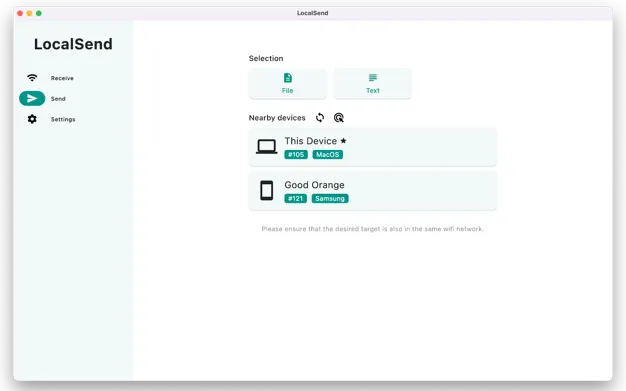 LocalSend - Free Nearby File Sharing for Mac user interface